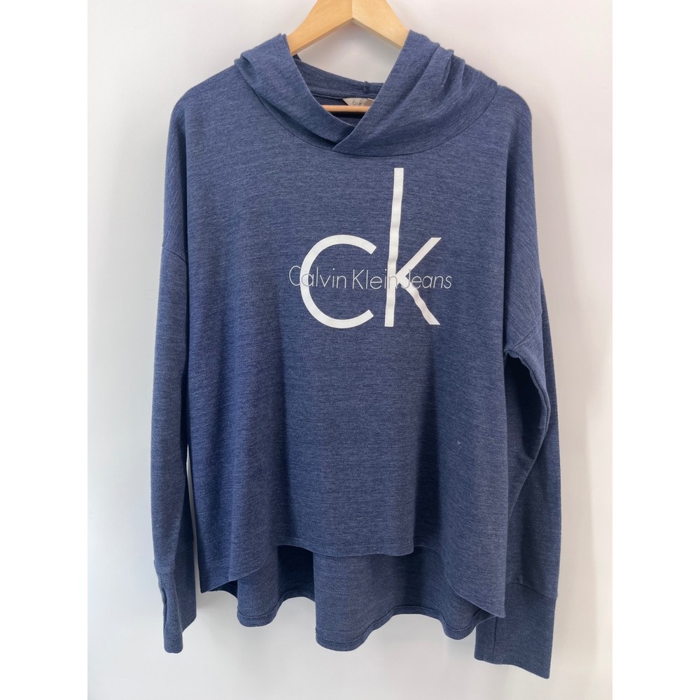 Calvin Klein Jeans Mens XXL Blue Heathered Logo Hoodie Pullover Sweatshirt Sport
